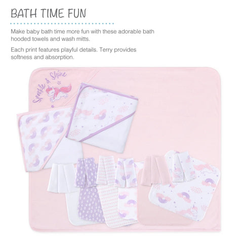 Baby Girl Hooded Towels and Washcloths Gift Bath Set, 23 Piece, Pink Unicorn Rainbow