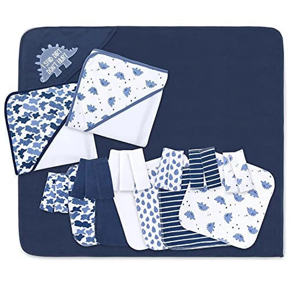 Baby Hooded Towels and Washcloths Gift Bath Set, 23 Piece, Blue Dino